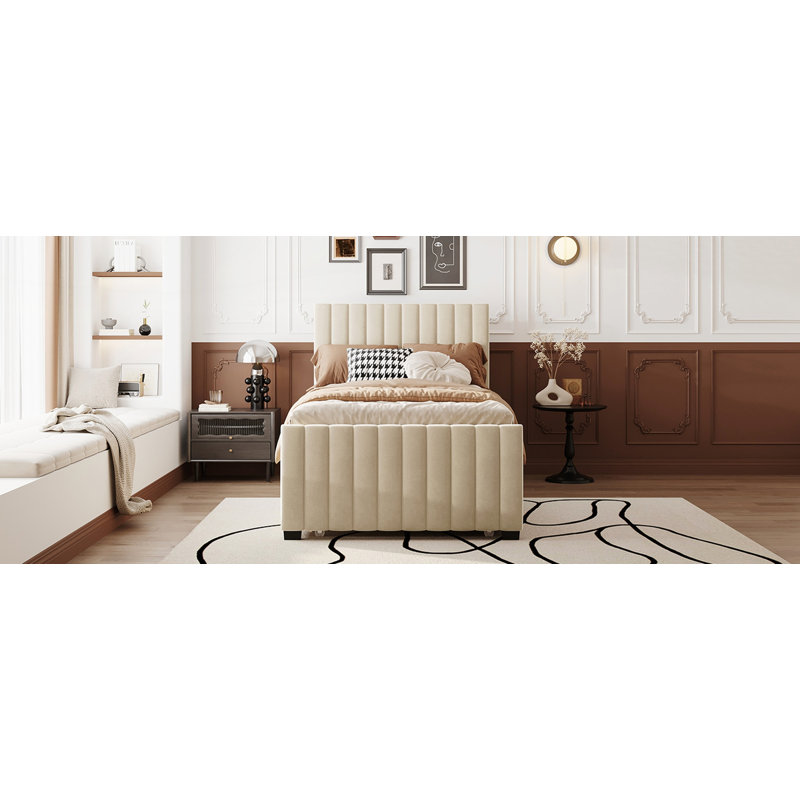 Lit plateforme simple tapissier en velours avec lit gigogne, Beige