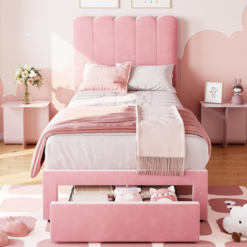 Twin Bed Frame with Storage Drawer, Pink
