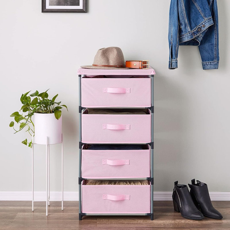 Commode haute à 4 niveaux avec tiroirs - Organisateur de vêtements et petit rangement pour la chambre à coucher - Commode rose pour la chambre à coucher