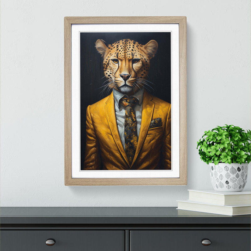 Cheetah In A Suit No.2 - Single Picture Frame Print on Wood, 46cm H x 34cm W x 2cm D, Oak