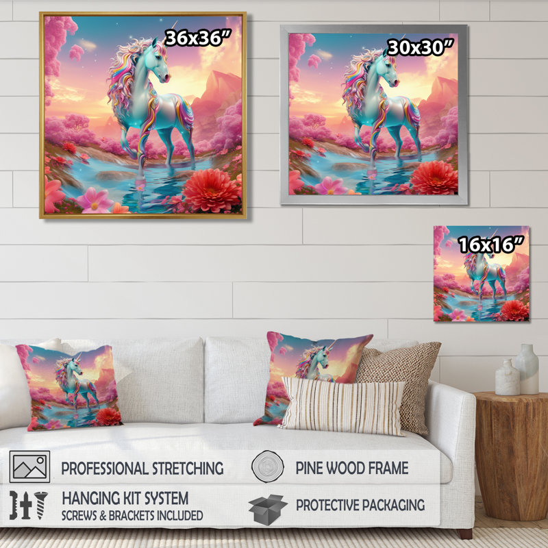 Licorne blanche magique dans une fleur rose, terre magique - licornes, art mural, salon, Toile avec cadre flottant noir