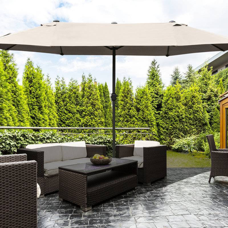 Parasol de patio 15 pi, acier rectangulaire, protection solaire double face, mécanisme à manivelle simple, parasol de terrasse café de 15 pi, garde, fonctionnement facile,