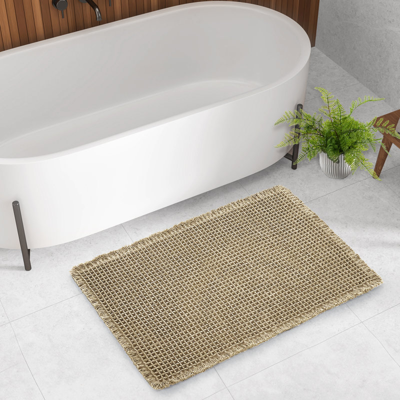 Upgraded Waffle Super Absorbent Non Slip Bath Rugs with Tassels for Bathroom Floor, 24"W x 36"L, Yellow/Gray