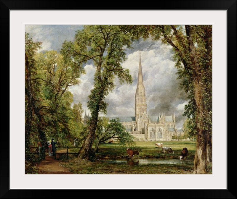 Vue de la cathédrale de Salisbury depuis l'évêché par John Constable - reproduction, H 16 po x l 20 po x P 1,5 po, Toile