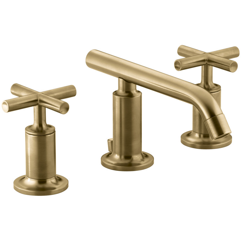 Purist Widespread Bathroom Sink Faucet with Low Cross Handles and Low Spout, Vibrant Moderne Brushed Gold