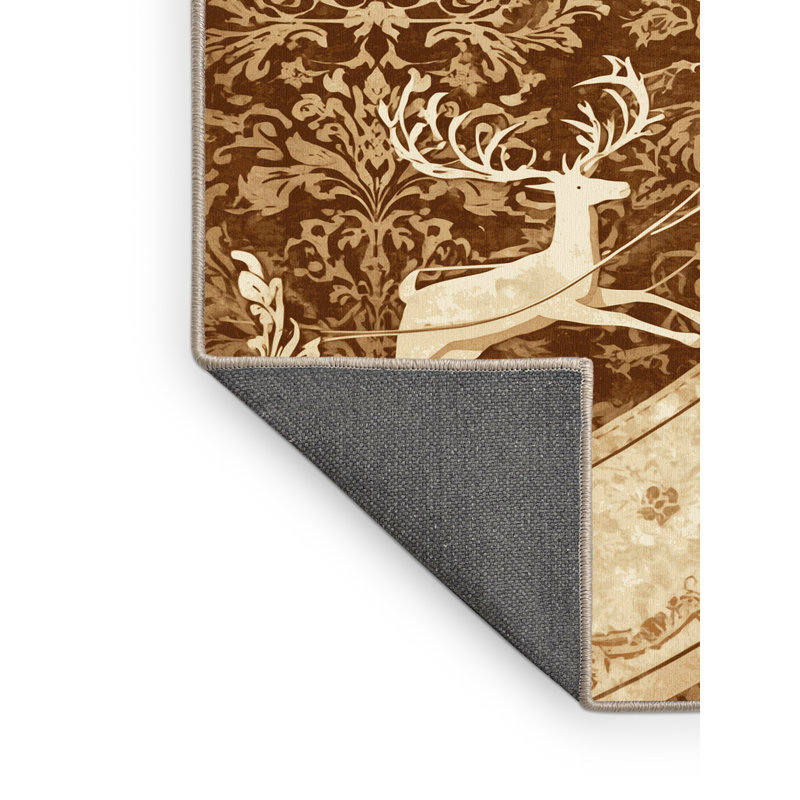 Soft Plush Ehlers Sleigh With Reindeer Classic Damask Area Rug in Beige – Beige Binding, 7x9