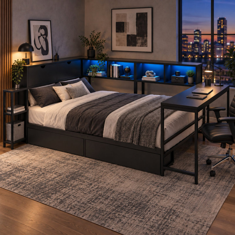 Queen Drawer Panel Standard Bed with Mattress with Bookcase with Desk with Trundle Bed with Shelves
