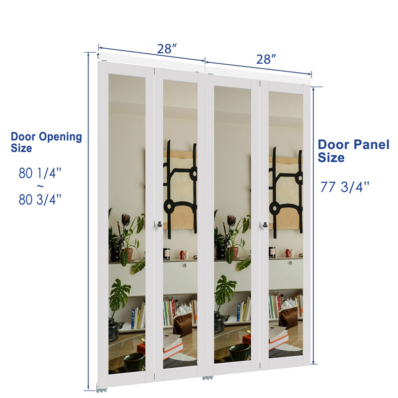 Porte pliante en bois massif non fini avec miroir blanc, 56 po x 80 po