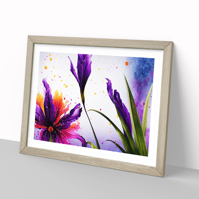 Iris Flower Splash - Single Picture Frame Print, 25cm H x 34cm W x 2cm D, Oak