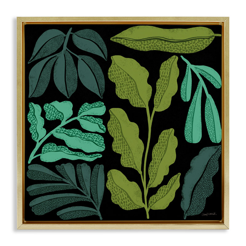 «Plant Sprig Collage» par Cheryl Warrick, H 18 po x l 18 po, Cadre flottant métallique doré