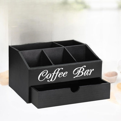 Comptoir de rangement pour bar à café, accessoires de bar en bois avec tiroir, panier de rangement pour porte-capsules, noir