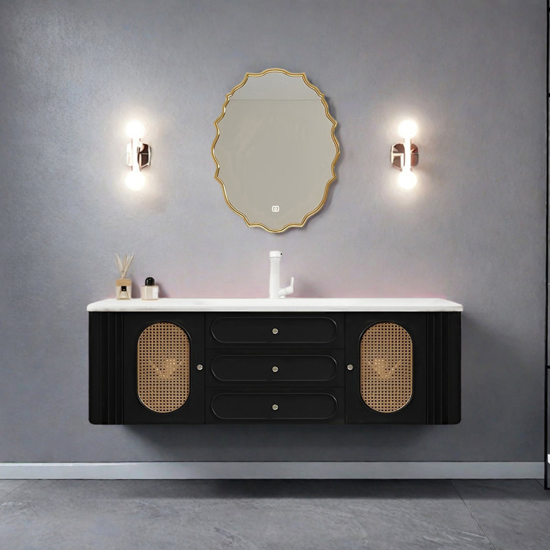 Armoire de salle de bain française en rotin de style crème français, 67"