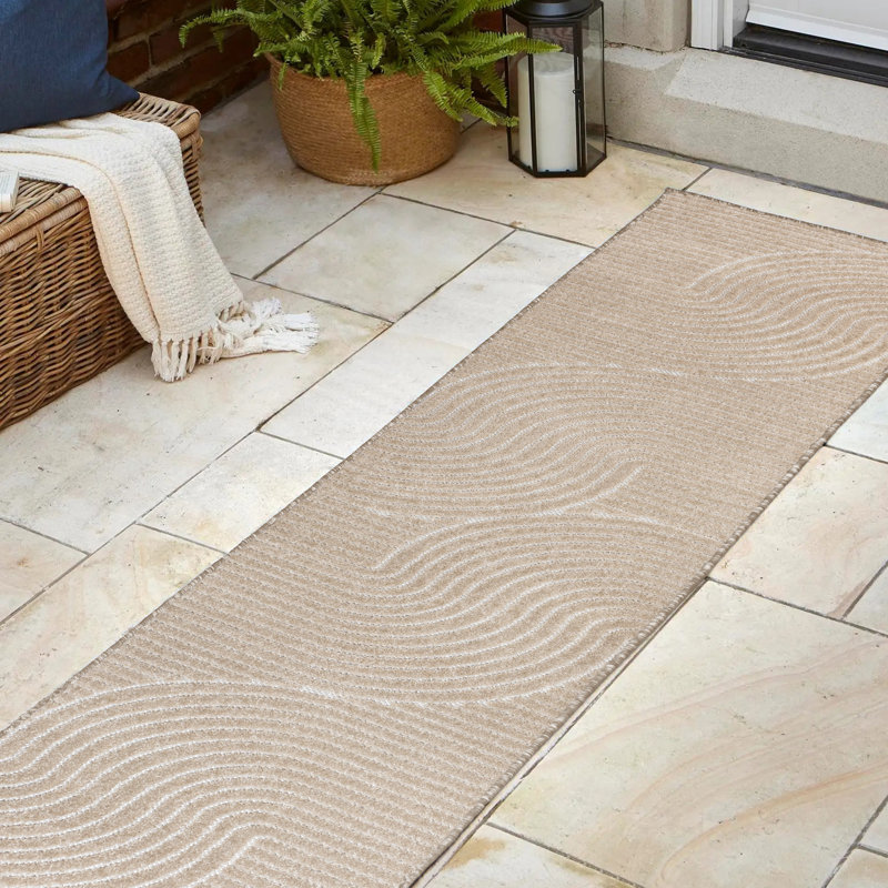 Alaiha High-Low Minimalist Curve Geometric Beige/Cream Indoor/Outdoor Rug, Runner 2' x 8'