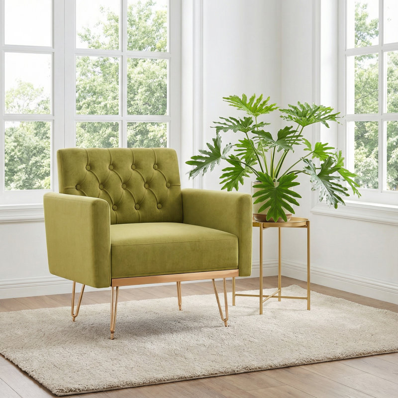 Fauteuil moderne rembourré avec pieds en métal doré (sans table), Vert