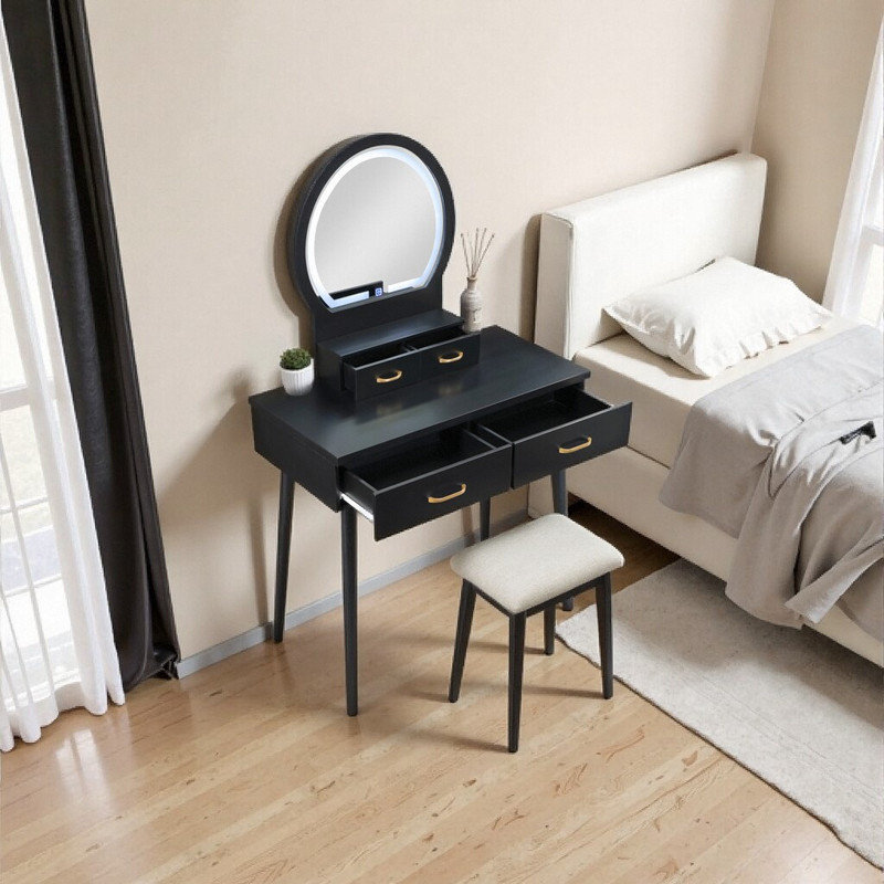 54 Inch Vanity Dresser with LED Mirror, 4 Drawer Dressing Table Set with Stool, Black