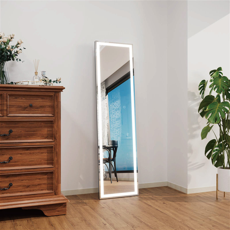  LED Lighted Full Length Mirror With Metal Stand, Contemporary Floor Mirror With Tempered Glass, 60" x 16" 