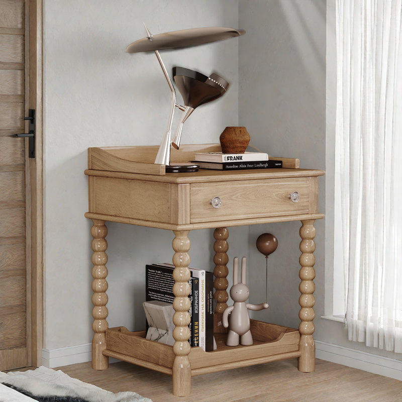 Retro Style Nightstand With 1 Drawer, An Open Shelf, Turned Legs And Metal Handles