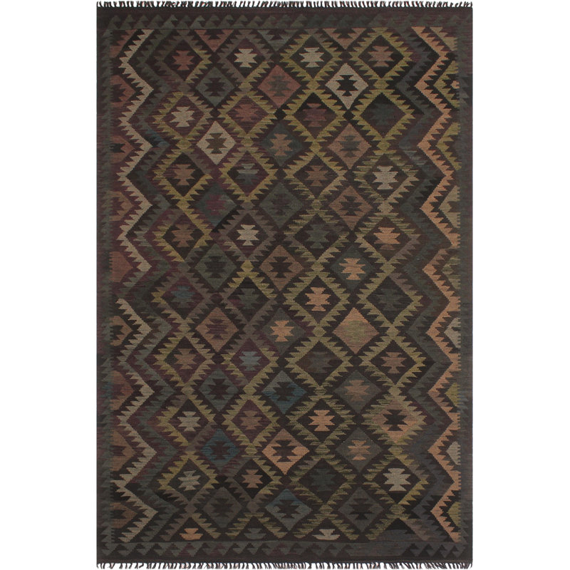 Tapis noir / bleu en laine tissé à la main 6 pi 3 po x 9 pi 7 po Cedor Tribal / Geometric / Southwestern