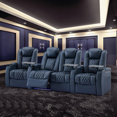 112" Wide Genuine Leather Home Theater Individual Seat with Cup Holder by Latitude Run