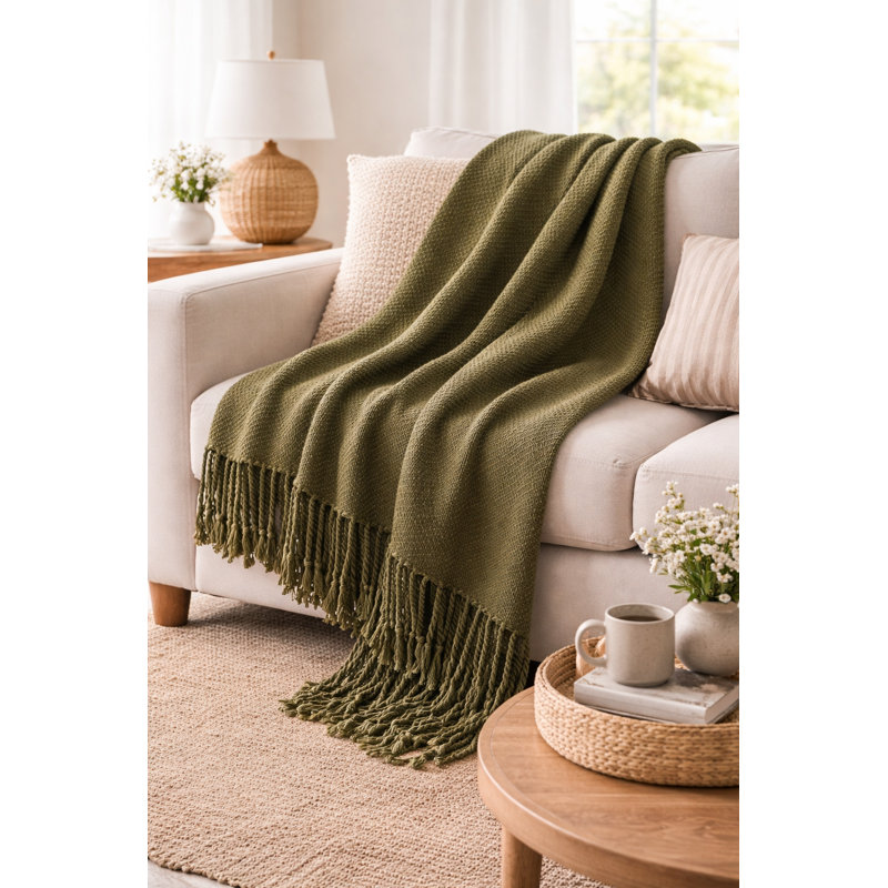 Olive Woven Solid Lightweight Throw Blanket with Fringe Design 50" W x 60" L , Olive
