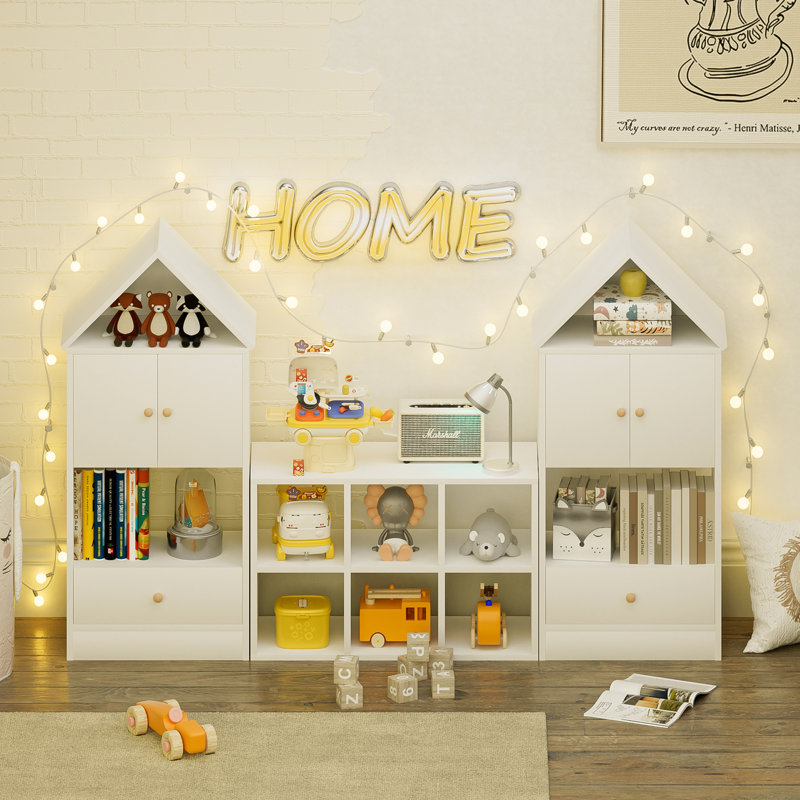 Bibliothèque polyvalente pour enfants avec un design en forme de maison, un rangement multifonctionnel pour les livres et les jouets, un emplacement réglable, un organisateur durable pour enfants pour la salle de jeux ou la chambre à coucher Assemblage