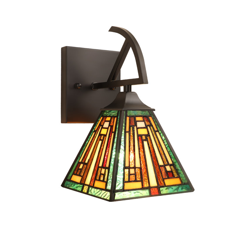 Firman Mission Tiffany-Style 1-Light Black Finish Wall Sconce 6" Shade, Green/Cream