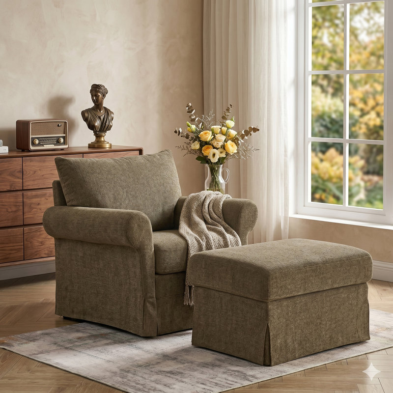 Amos 37.5" Chenille Upholstered Armchair with OT – Cozy 2-Piece Living Room Set, Brown