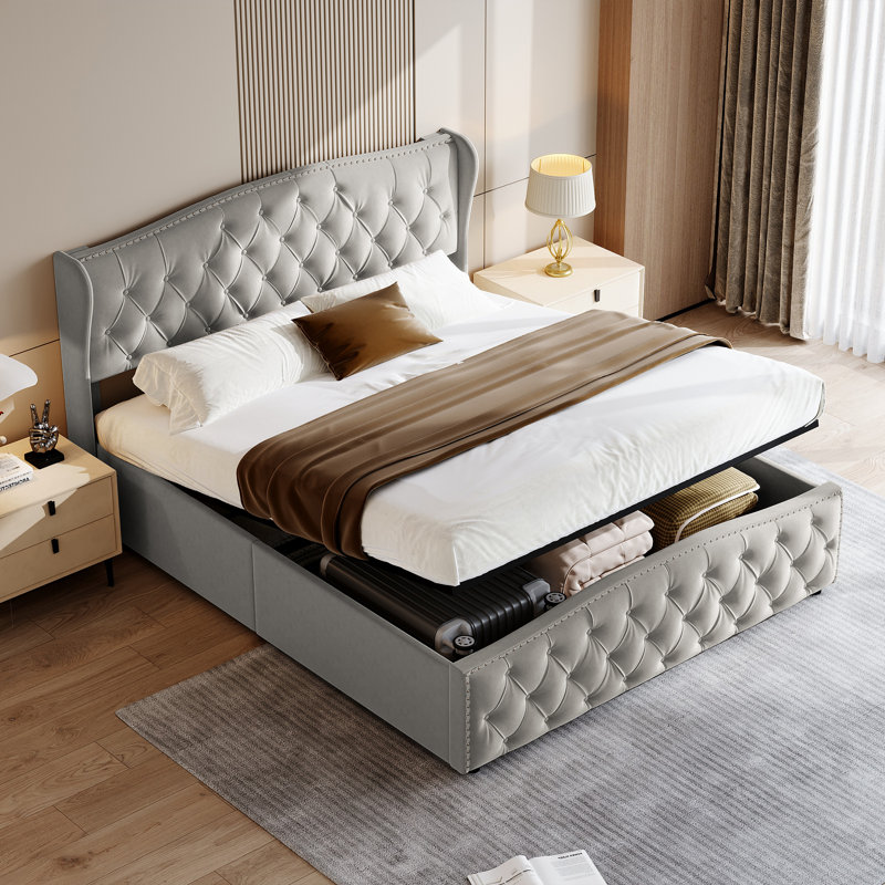 Metal Ottoman Storage Bed, Grey, European Kingsize (160 x 200 cm)