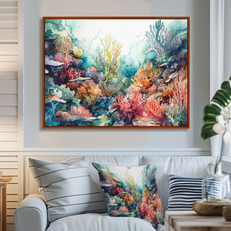 «Vibrant Coral Reef III - Modern Beach», art mural, H 12 po x l 20 po x P 1 po, Cadre flottant brun
