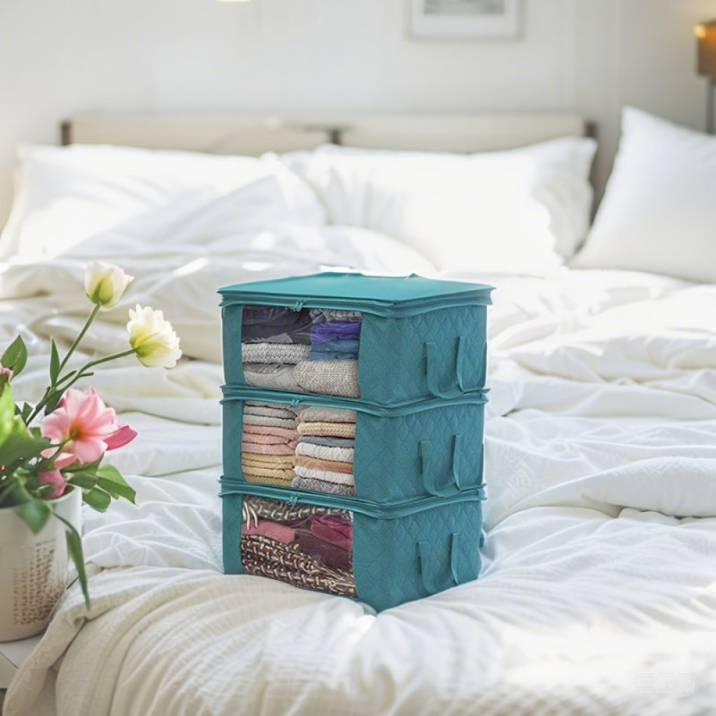 3Pcs Non-Woven Folding Storage Box Quilt Storage Bag Wardrobe Clothing Storage Box Dustproof, Blue