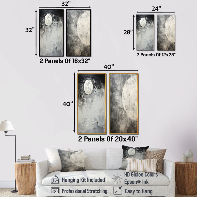 Minimalisme gris lune surface I - Tachisme ensemble d'art mural sur toile 2, H 32 po x l 33 po, Cadre flottant noir