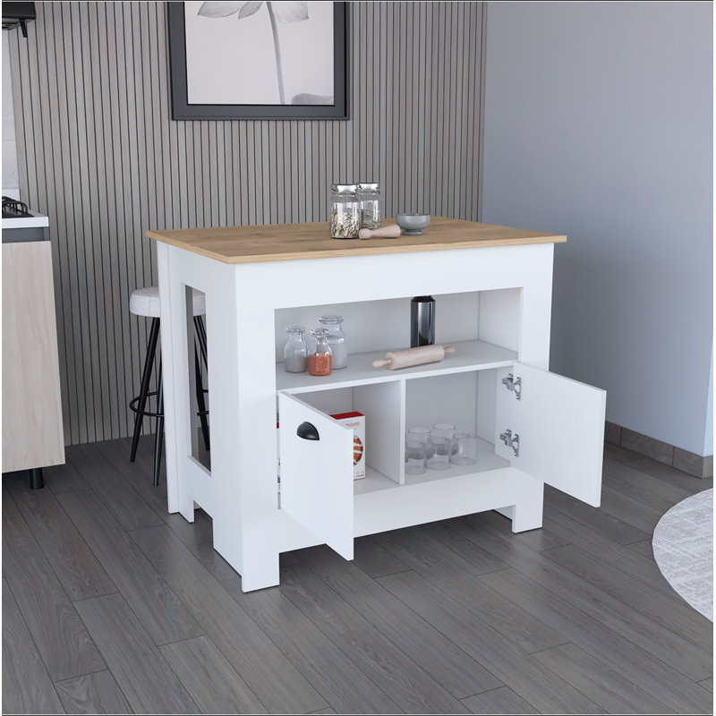 Kitchen Island Two Door Cabinet and Shelf, White, White