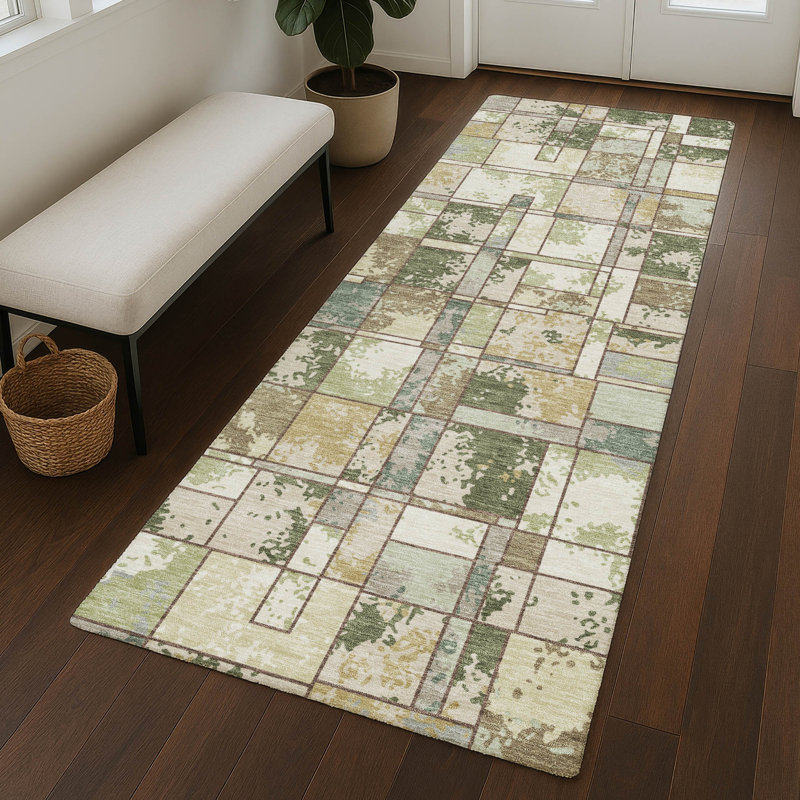 Machine Washable Indoor/Outdoor Chantille ACN2442 Geometric Rug, 2'3" x 7'6" Runner, Olive