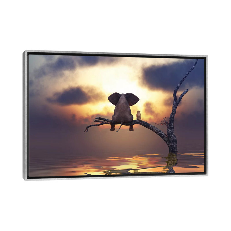 Éléphant et chien sont assis sur un arbre par Mike Kiev-reproduction d’art, H 18 po x l 26 po x P 1,5 po, Pas de tapis
