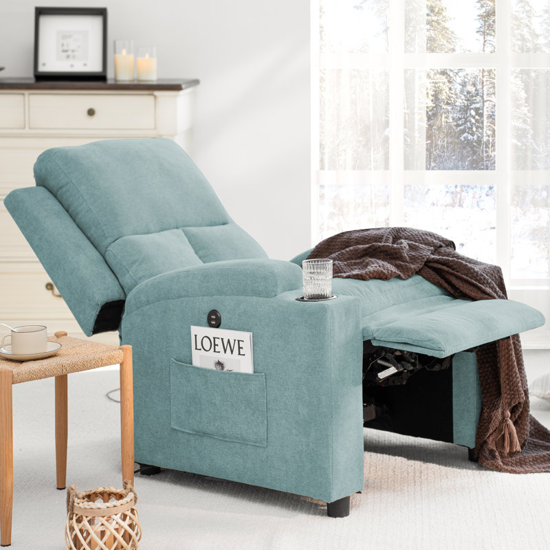 30.71'' Ultra-Comfortable Modern Recliner with Push-Back Mechanism, Dual USB Ports, and Cup Holders, Blue/Gray