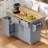 Rolling Kitchen Island With Drop Leaf Countertop, Pull-Out Trash Cabinet, Dual Organizers, Built-In Power Outlets, And Integrated Spice Towel Racks.-290744721