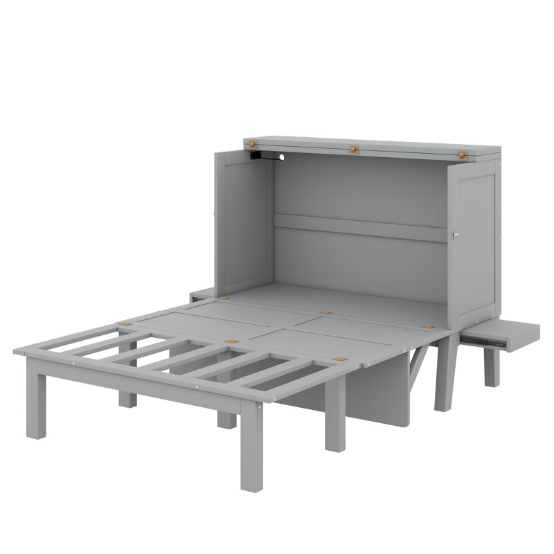 Lit escamotable double spacieux avec port USB et tablettes latérales amovibles, Gris, Lit double