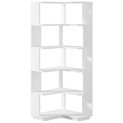 Bibliothèque de coin 64,96 "de haut à 6 niveaux, bibliothèque industrielle en forme de L de 64,9 pouces de hauteur avec panneau anti-chute, étagère de rangement autoportante en grain de bois blanc pour bureau à domicile