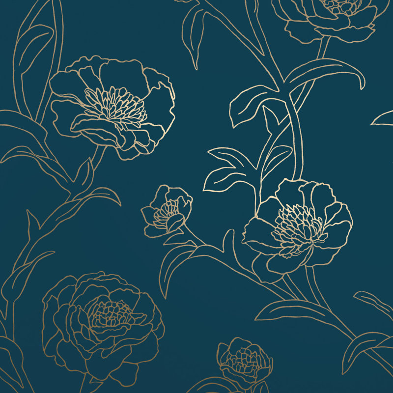 Papier peint adhésif pivoines, Bleu paon / or métallique, L 33 po x l 20,5 po