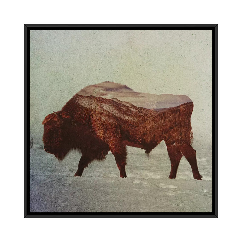 « bison ii », impression sur toile tendue, H 26 po x l 26 po x P 1,5 po, Toile avec cadre noir, Pas de tapis
