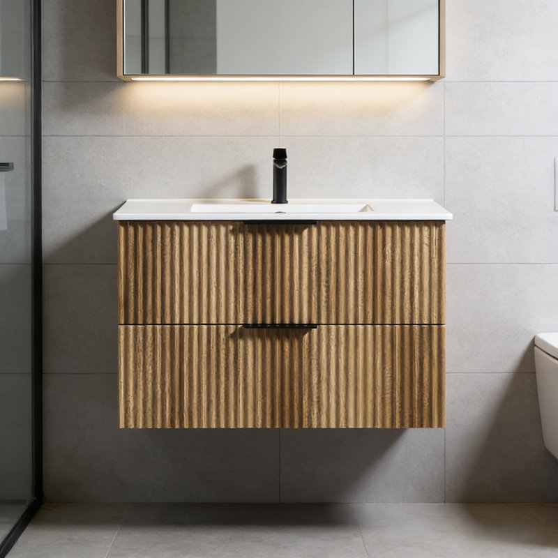 Meuble-lavabo mural 36 po avec base flottante 36 po, meuble-lavabo simple moderne à 2 tiroirs cannelés avec panneaux sculptés en 3D