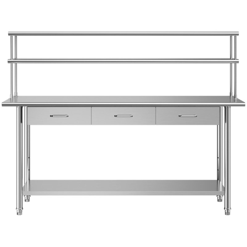 Table de travail en acier inoxydable, table de préparation alimentaire 61 x 183 cm avec tablettes supérieures et 3 tiroirs, poste de travail de cuisine professionnel avec tablette inférieure réglable, table de travail utilitaire en métal