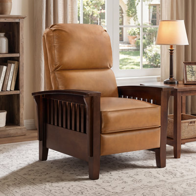 Mission Style Leather High Leg Recliner With Solid Wood Arms
