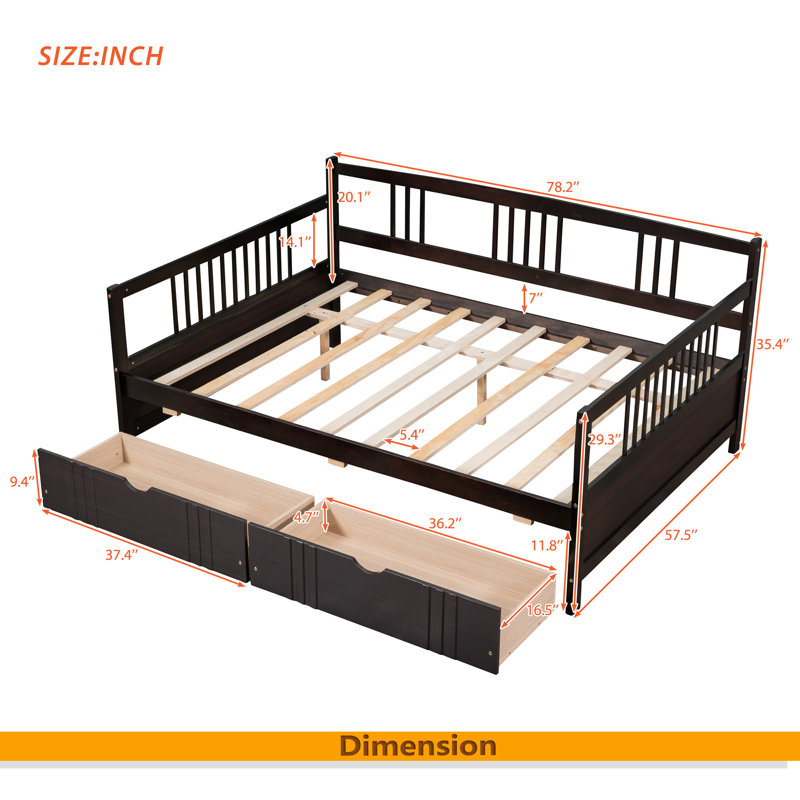 Full Size Daybed Wood Bed With Two Drawers, Espresso