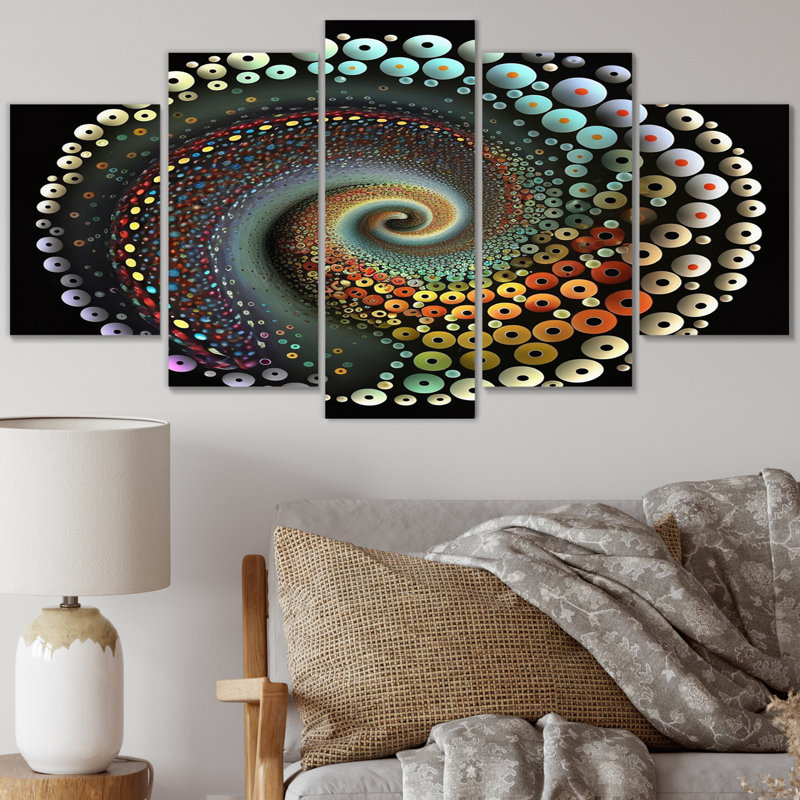 Iridiscdent pointillisme spirale rétro arc-en-ciel - reproduction d'art moderne sur toile géométrique - 5 panneaux