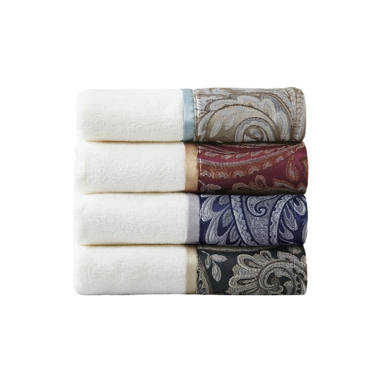 Set of 6 Bath Hand Towels, Decorative White and Blue Chenille