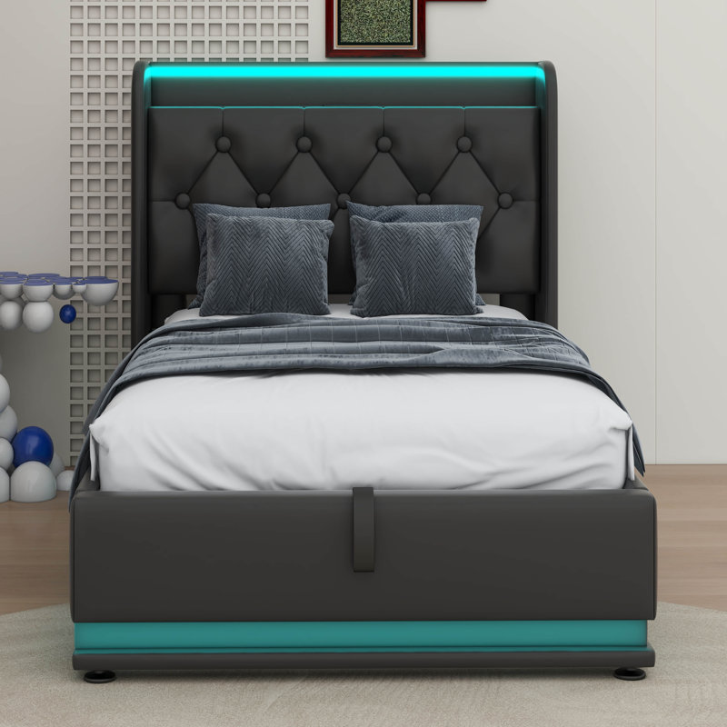 Hexham Upholstered Bed, 360 Surround LED Function, Hydraulic Storage, Twin
