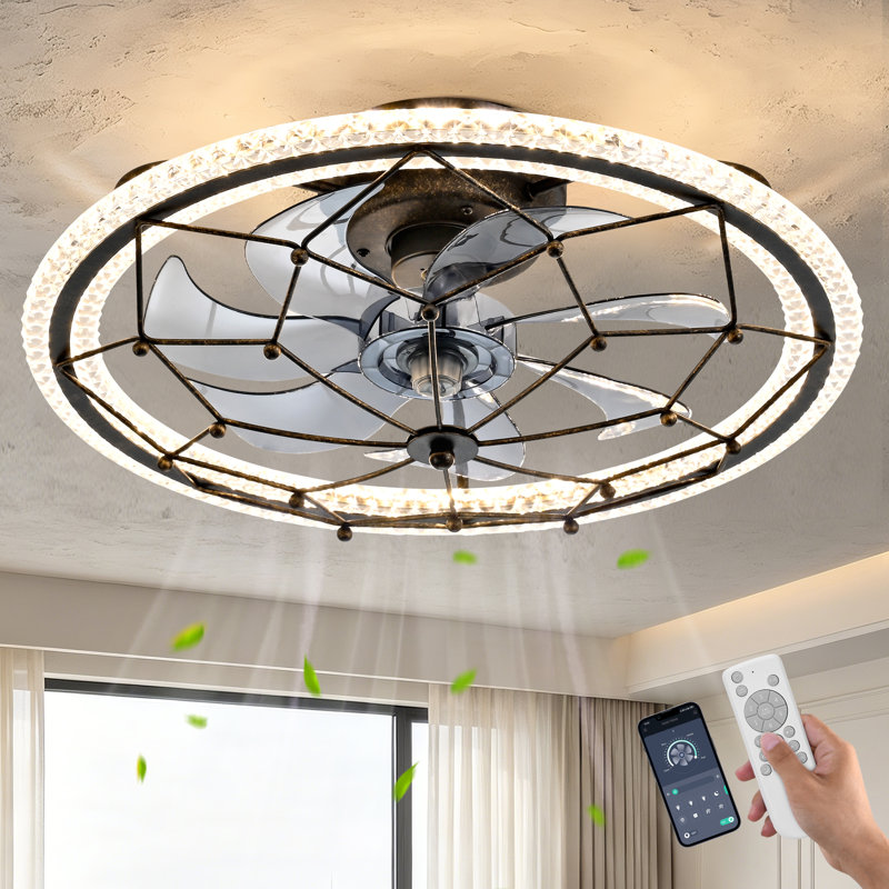 Low-Profile Caged Ceiling Fan Light Kit with Remote Control, Antique Black - 20"