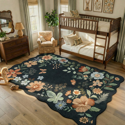 Garbrand Machine Washable Floral Farmhouse Area Rug with Non-Slip Backing for Living Room, Dining Room, Bedroom