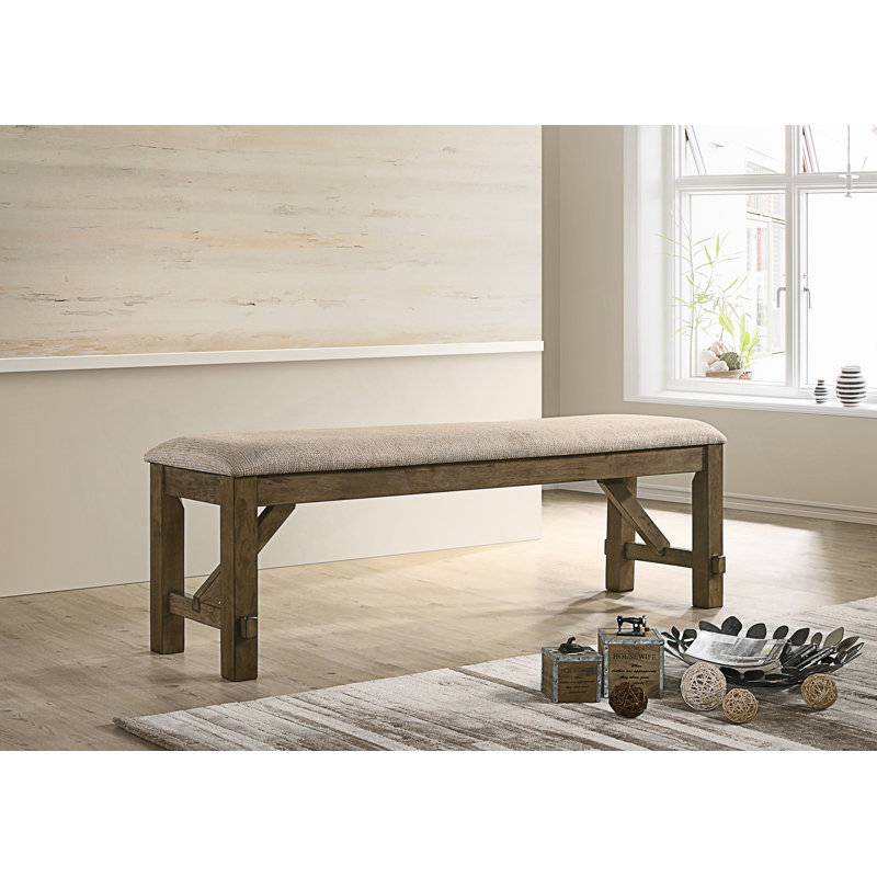 Wood Upholstered Dining Bench, Brown, Light Gray